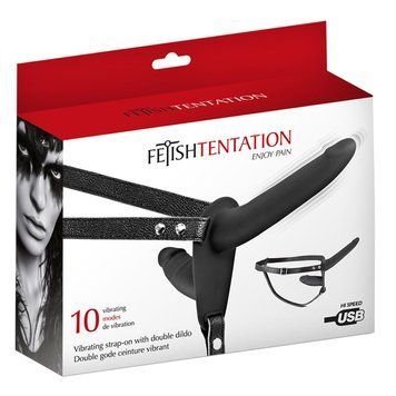 Podwójny strapon z wibracjami na pasku Fetish Tentation, 15 cm (czarny) 18017 zdjęcie